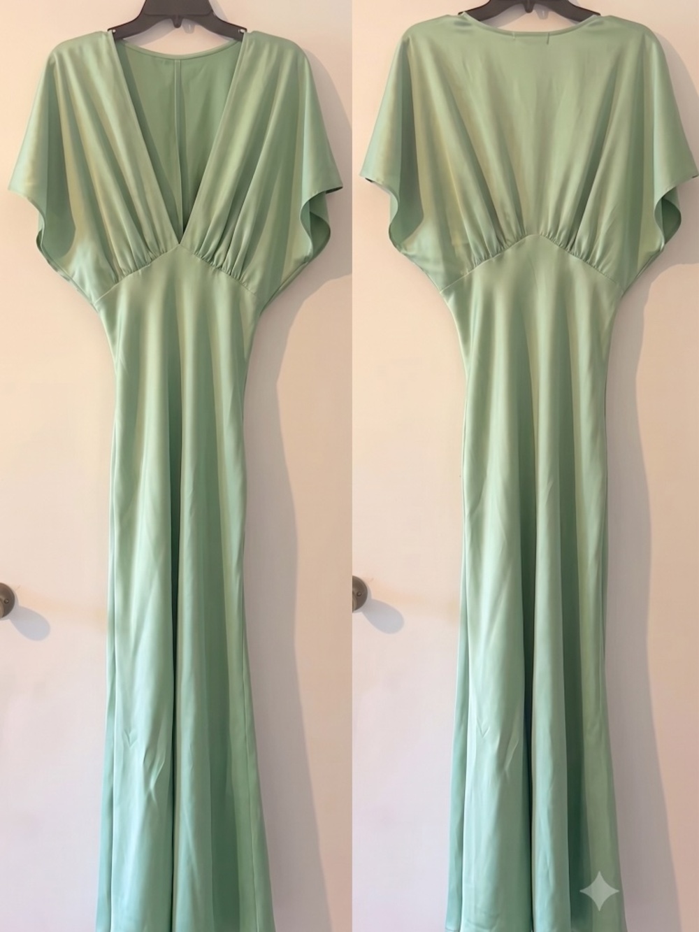 Sage Green Satin Bridesmaid Deep V Flutter Sleeve Satin A-Line Gown